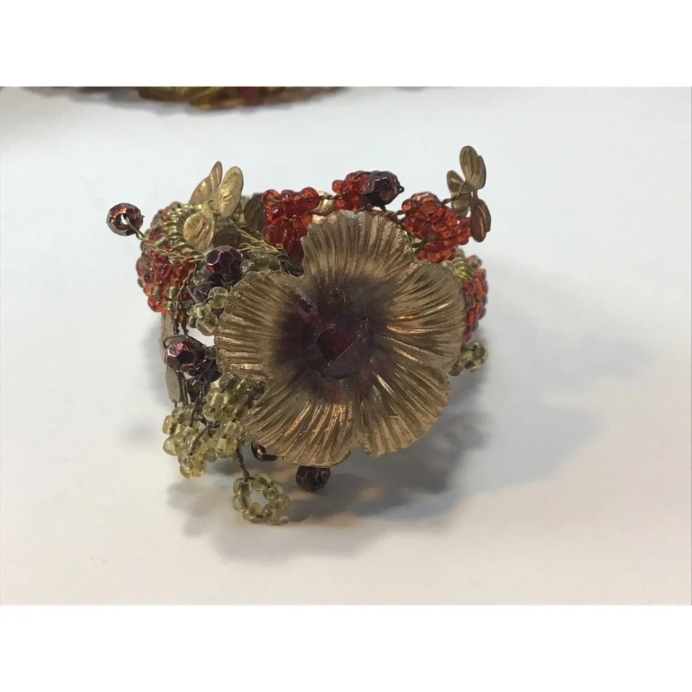 Holiday Round Napkin Rings 2 sets (6) And (8) Beaded Red and Gold Floral